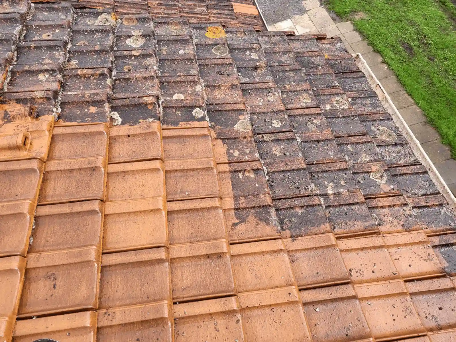 Avant/Après le nettoyage d'un toit béarnais